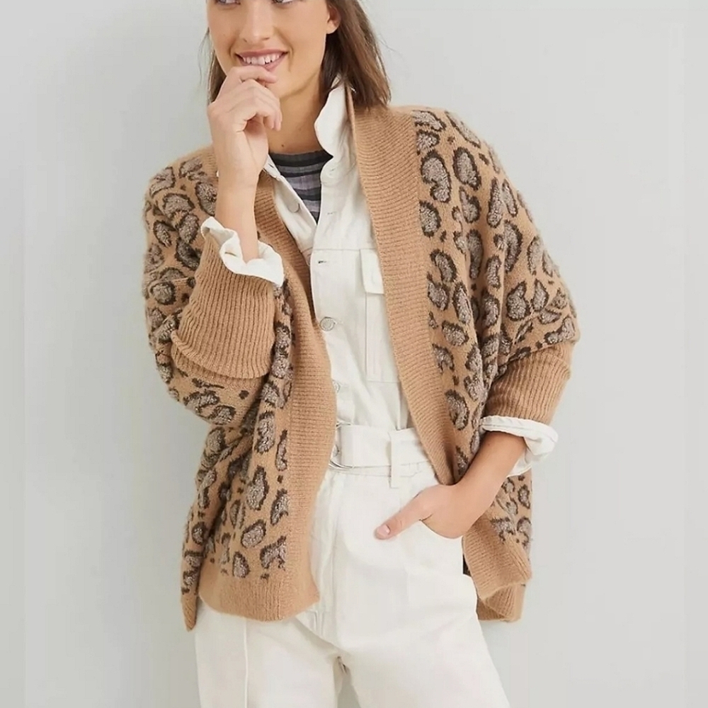 Anthropologie Akemi + Kin Hadley Cropped Knit Kimono Sweater Animal Print OS